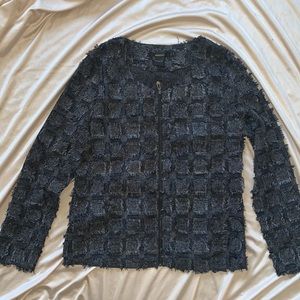 Radzoli Square Print Jacket with Fringes / Grey Square Design Sweater